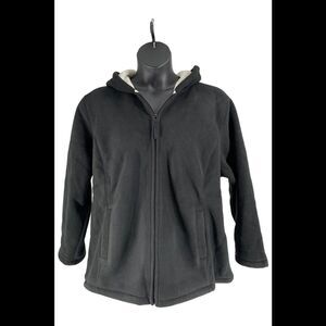 Denim & Co. Zip Front Fleece Jacket Hood and Sherpa Lining Black - Regular